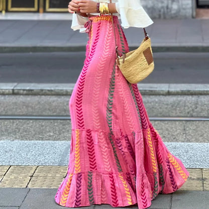 Tiered Chevron Stripe High Waist Boho Maxi Skirt