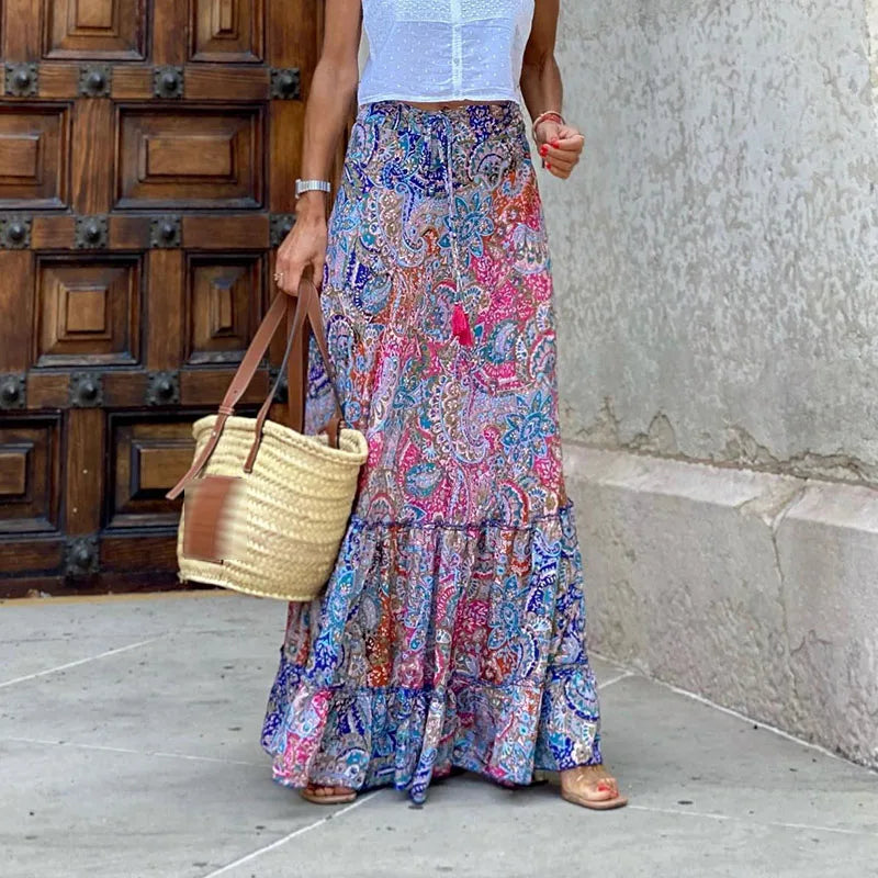 Tiered Chevron Stripe High Waist Boho Maxi Skirt