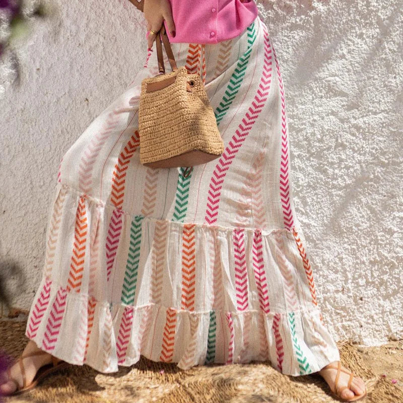 Tiered Chevron Stripe High Waist Boho Maxi Skirt