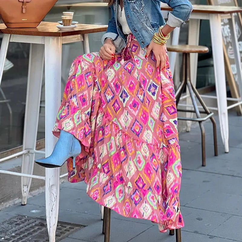 Tiered Chevron Stripe High Waist Boho Maxi Skirt