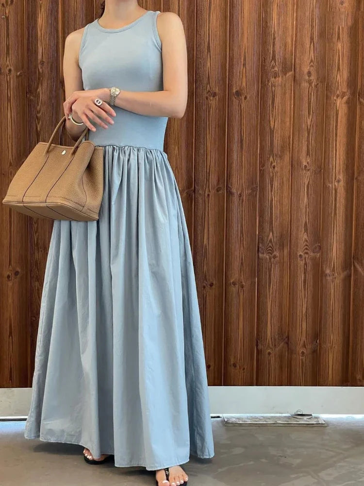 Women Elegant Long Dress Summer Sleeveless Korean Chic Dresses Ladies Vintage A Line Casual Long Robe Vestidos