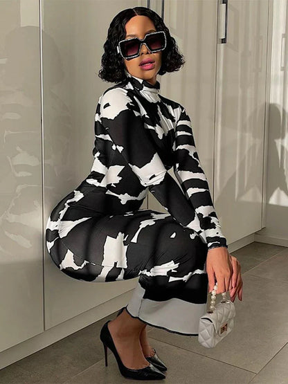 Abstract Cow Print Mock Neck Long Sleeve Bodycon Maxi Dress
