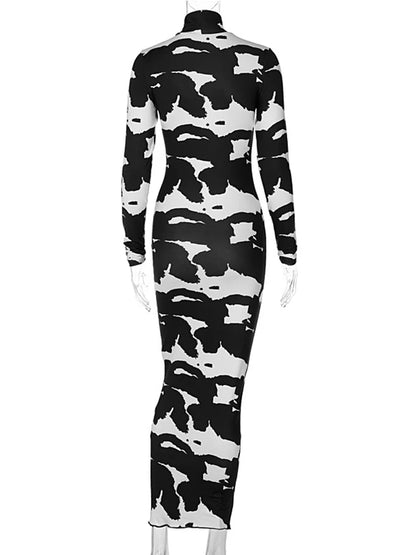 Abstract Cow Print Mock Neck Long Sleeve Bodycon Maxi Dress