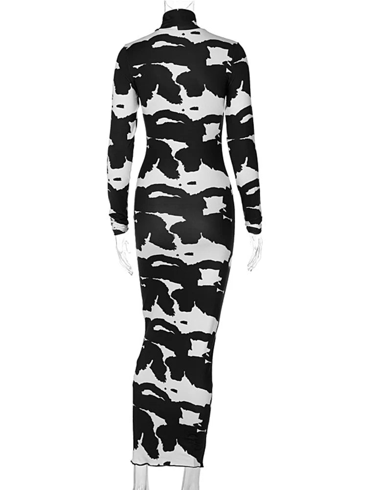 Abstract Blotch Print Mock Neck Long Sleeve Bodycon Maxi Dress