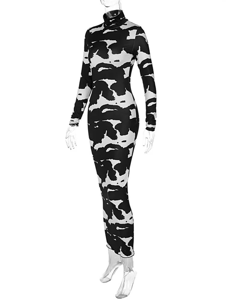 Abstract Blotch Print Mock Neck Long Sleeve Bodycon Maxi Dress