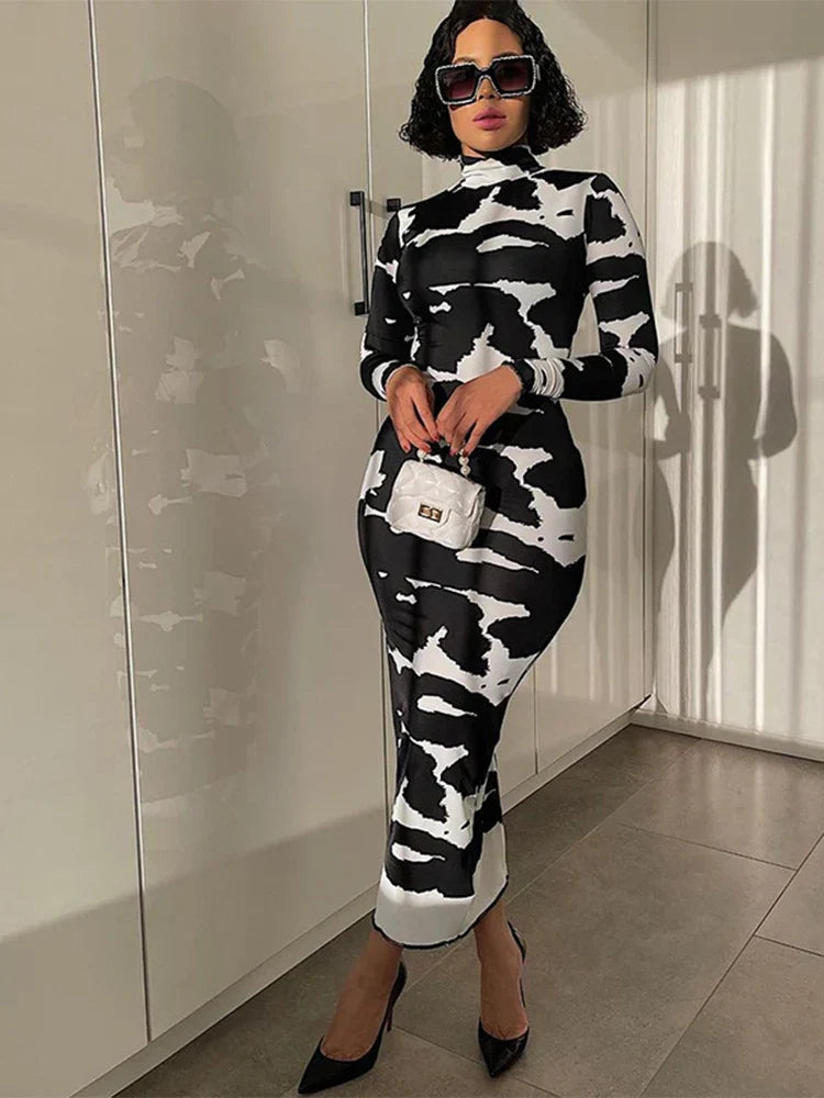 Abstract Cow Print Mock Neck Long Sleeve Bodycon Maxi Dress