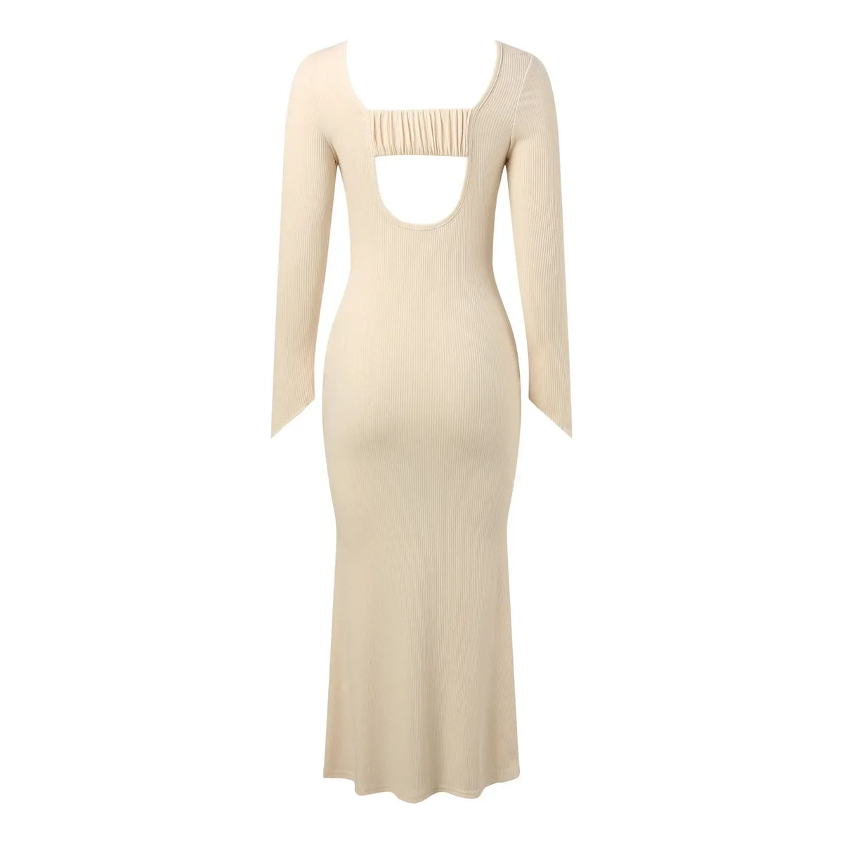 Rib Knit Crew Neck Bell Cuff Long Sleeve Bodycon Maxi Dress