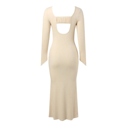 Rib Knit Crew Neck Bell Cuff Long Sleeve Bodycon Maxi Dress