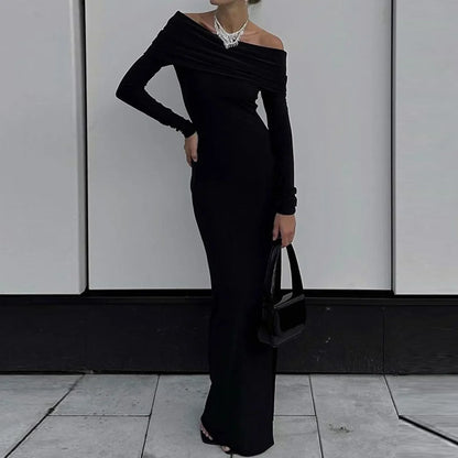 Off Shoulder Long Sleeve High Slit Bodycon Maxi Dress