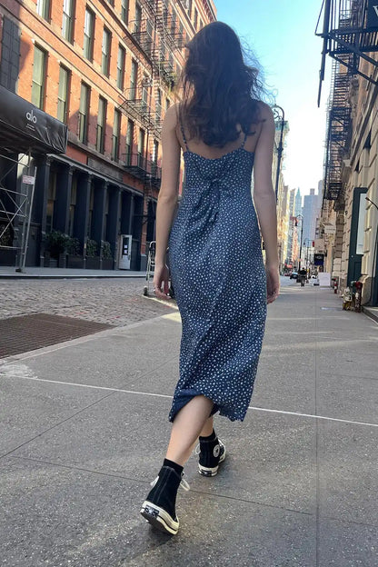 Ditsy Floral Print Spaghetti Strap Scoop Neck Bodycon Midi Dress