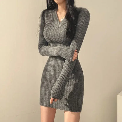 Women Knit V-Neck Long Solid Casual Sweater Autumn Winter Midi Dresses