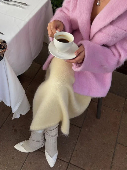 Pink Woolen Lapel Fashion Elegant Long Single High Street Coat