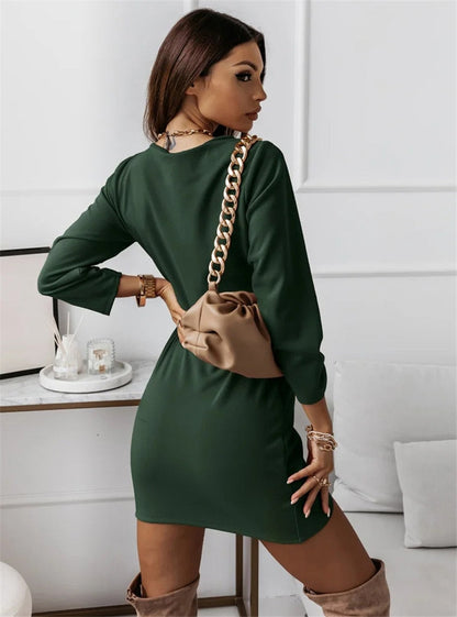 Wrap Front Deep V-Neck Ruched Three Quarter Sleeve Mini Dress