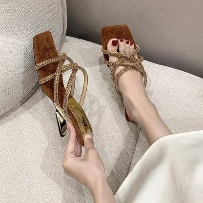 New Summer Rhinestone Ankle Strap Ladies High Thick Squares Shoes Low Heel Pumps