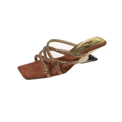 New Summer Rhinestone Ankle Strap Ladies High Thick Squares Shoes Low Heel Pumps
