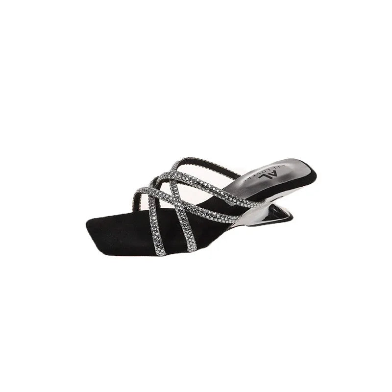 New Summer Rhinestone Ankle Strap Ladies High Thick Squares Shoes Low Heel Pumps