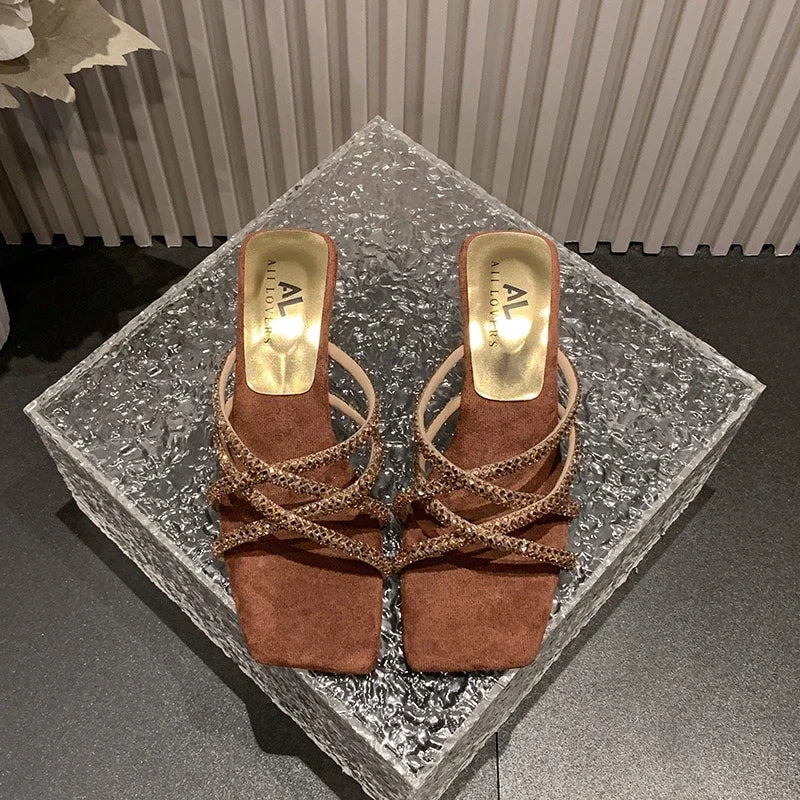 New Summer Rhinestone Ankle Strap Ladies High Thick Squares Shoes Low Heel Pumps