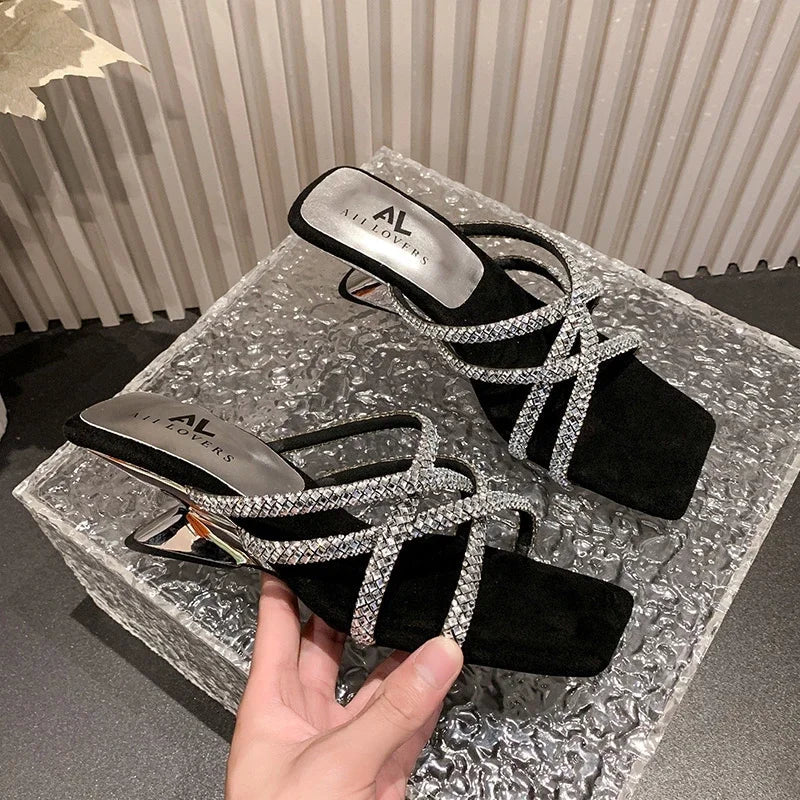 New Summer Rhinestone Ankle Strap Ladies High Thick Squares Shoes Low Heel Pumps