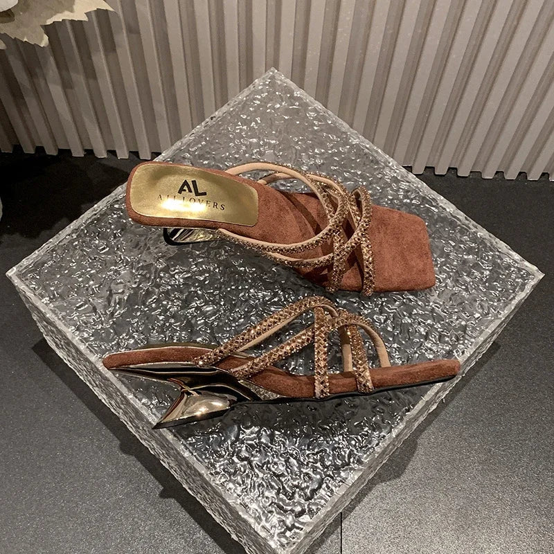New Summer Rhinestone Ankle Strap Ladies High Thick Squares Shoes Low Heel Pumps