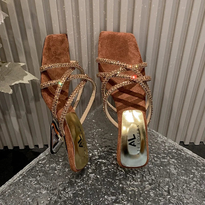 New Summer Rhinestone Ankle Strap Ladies High Thick Squares Shoes Low Heel Pumps