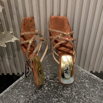 New Summer Rhinestone Ankle Strap Ladies High Thick Squares Shoes Low Heel Pumps
