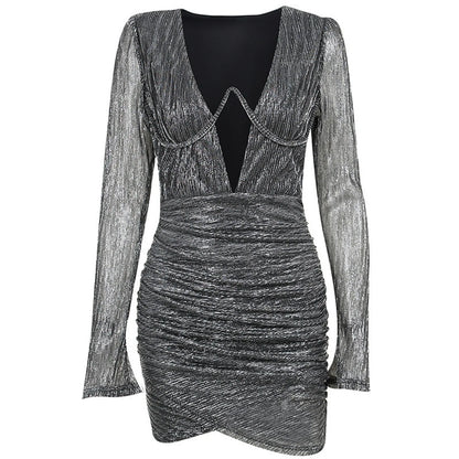 Deep V Neck Tempting Wrap Hip Solid Color Long Sleeve Bodycon Pleated Slim Mini Evening Dress