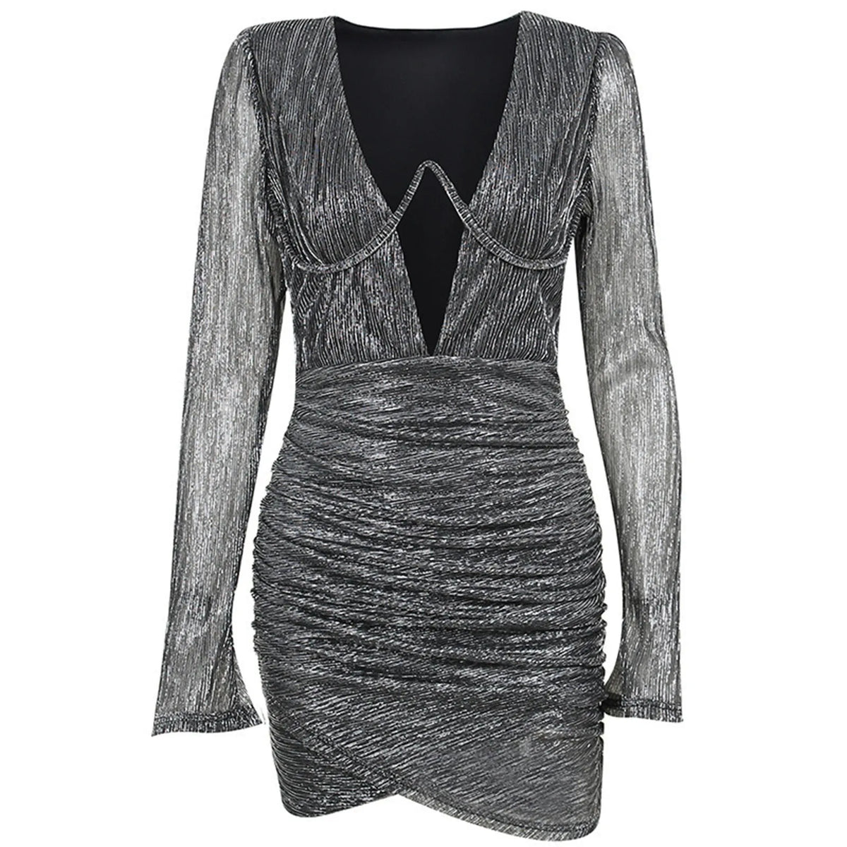 Glitter Deep V-Neck Keyhole Long Sleeve Ruched Wrap Hem Bodycon Mini Dress