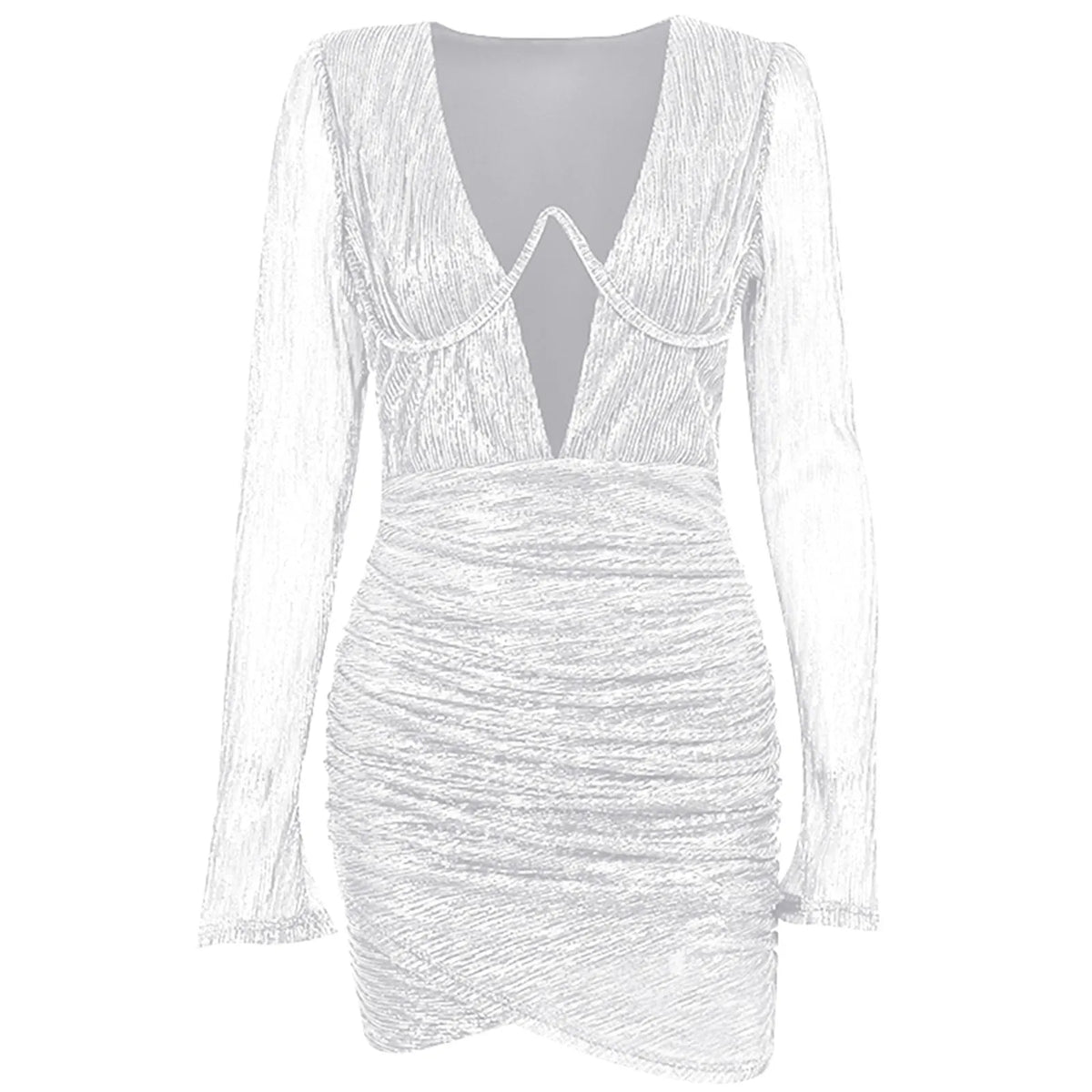 Glitter Deep V-Neck Keyhole Long Sleeve Ruched Wrap Hem Bodycon Mini Dress