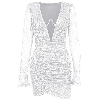 Glitter Deep V-Neck Keyhole Long Sleeve Ruched Wrap Hem Bodycon Mini Dress