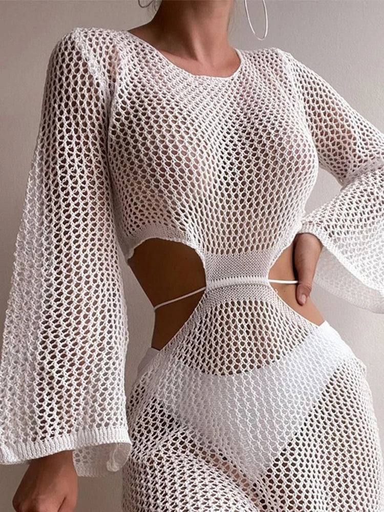 Women White Cutout Long Cover Up Midi Dresses