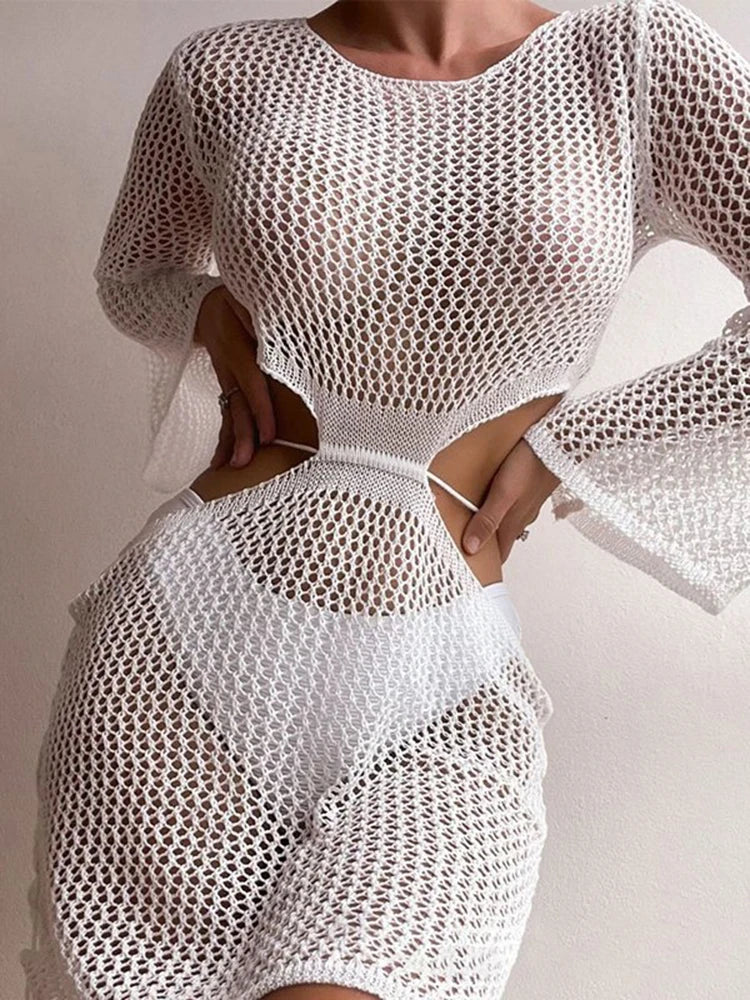 Women White Cutout Long Cover Up Midi Dresses