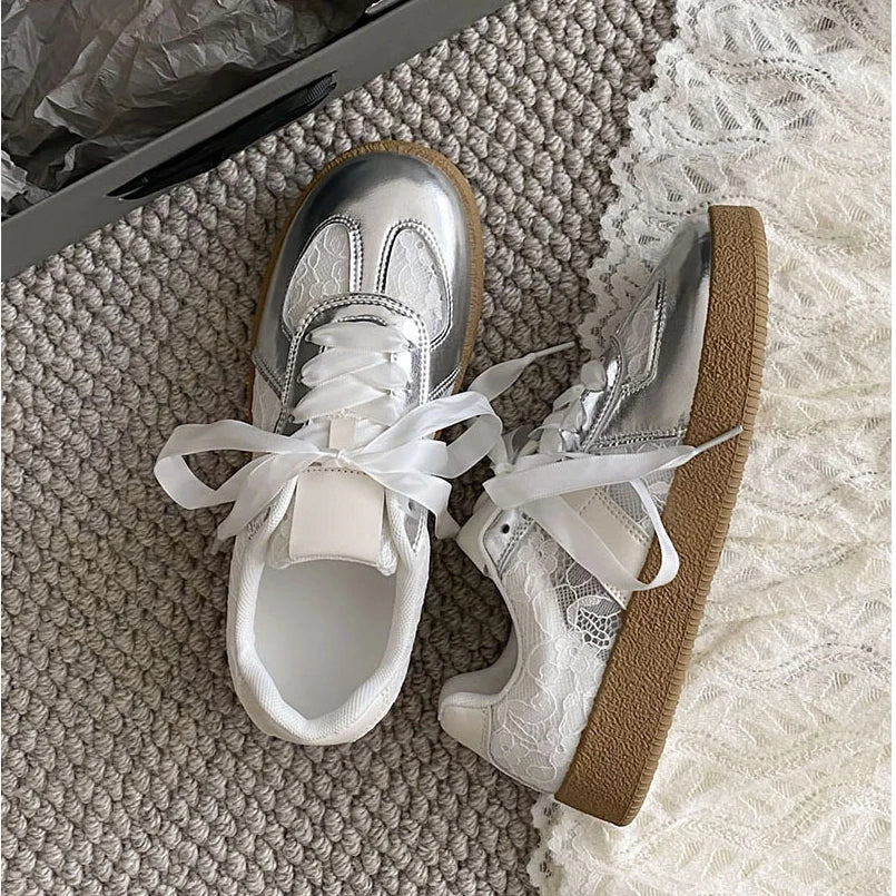Women Soft Leather + Lace Mesh Walking Shoes Breathable Casual Sneaker New Lace Up Non-slip Flat Sports Jogging Running Train