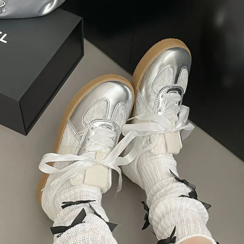 Women Soft Leather + Lace Mesh Walking Shoes Breathable Casual Sneaker New Lace Up Non-slip Flat Sports Jogging Running Train