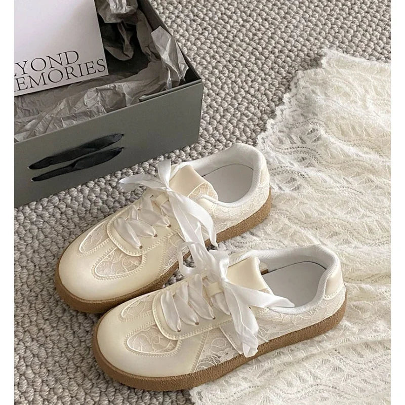 Women Soft Leather + Lace Mesh Walking Shoes Breathable Casual Sneaker New Lace Up Non-slip Flat Sports Jogging Running Train