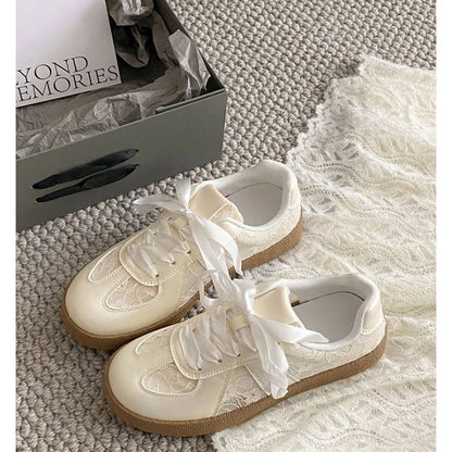 Women Soft Leather + Lace Mesh Walking Shoes Breathable Casual Sneaker New Lace Up Non-slip Flat Sports Jogging Running Train