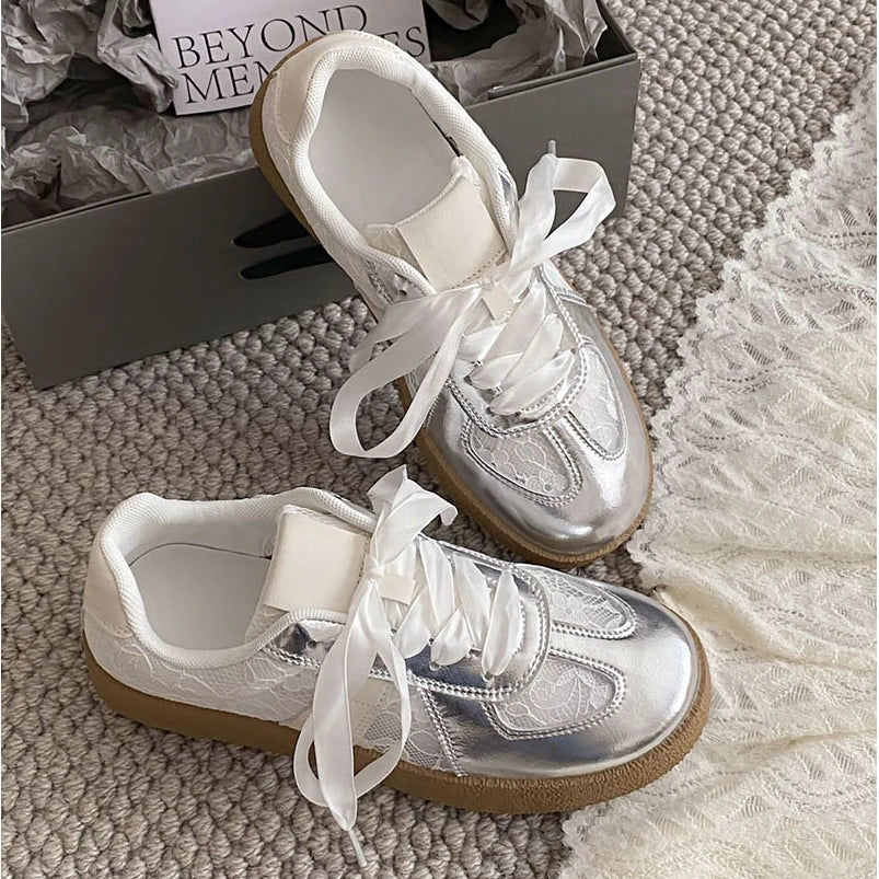 Women Soft Leather + Lace Mesh Walking Shoes Breathable Casual Sneaker New Lace Up Non-slip Flat Sports Jogging Running Train
