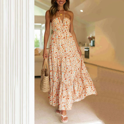 Halter Neck Deep V-Neck Ruched Bodice Tiered Maxi Dress