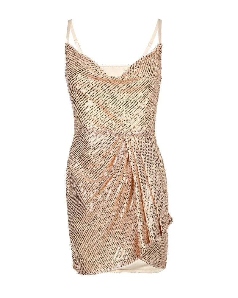 Spaghetti Strap Sleeveless Ruched Mini Sequin Irregular Hem Bodycon Party Club Wear Dress