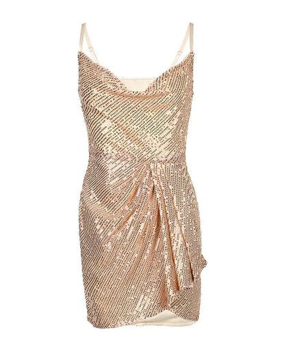 Sequin Cowl Neck Spaghetti Strap Ruched Wrap Tulip Hem Mini Dress