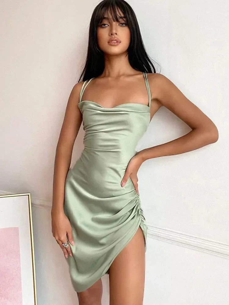 Cowl Neck Spaghetti Strap Ruched Side Slit Satin Mini Dress