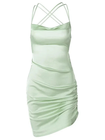 Cowl Neck Spaghetti Strap Ruched Side Slit Satin Mini Dress