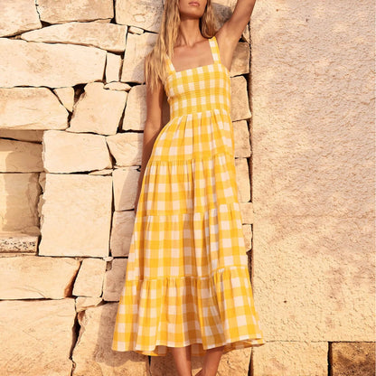 Gingham Check Smocked Square Neck Tiered Strap Midi Dress
