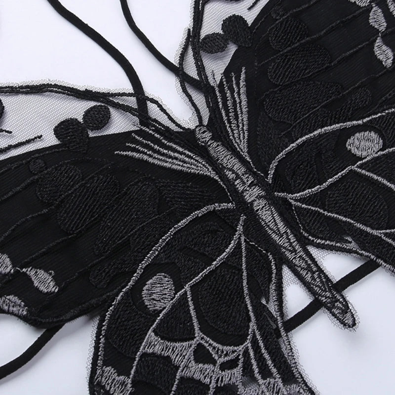 Gothic Butterfly-Shape Black Halter Strappy Backless Crop Top