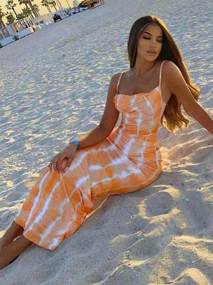 Tie Dye Print Cowl Neck Spaghetti Strap Bodycon Maxi Dress