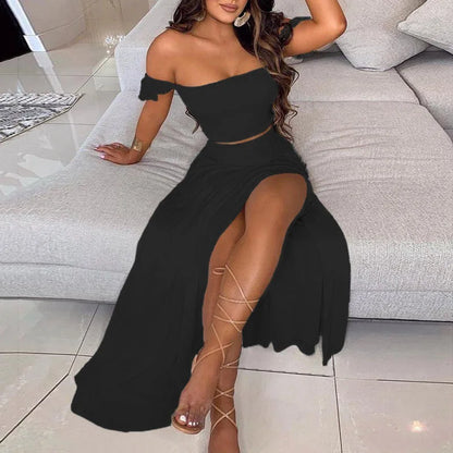 Summer Floral Print Elegant Off Shoulder Split Long Maxi Skirt