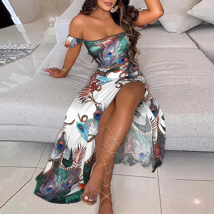 Polka Dot Off Shoulder Ruffle Crop and High Slit Maxi Skirt Set