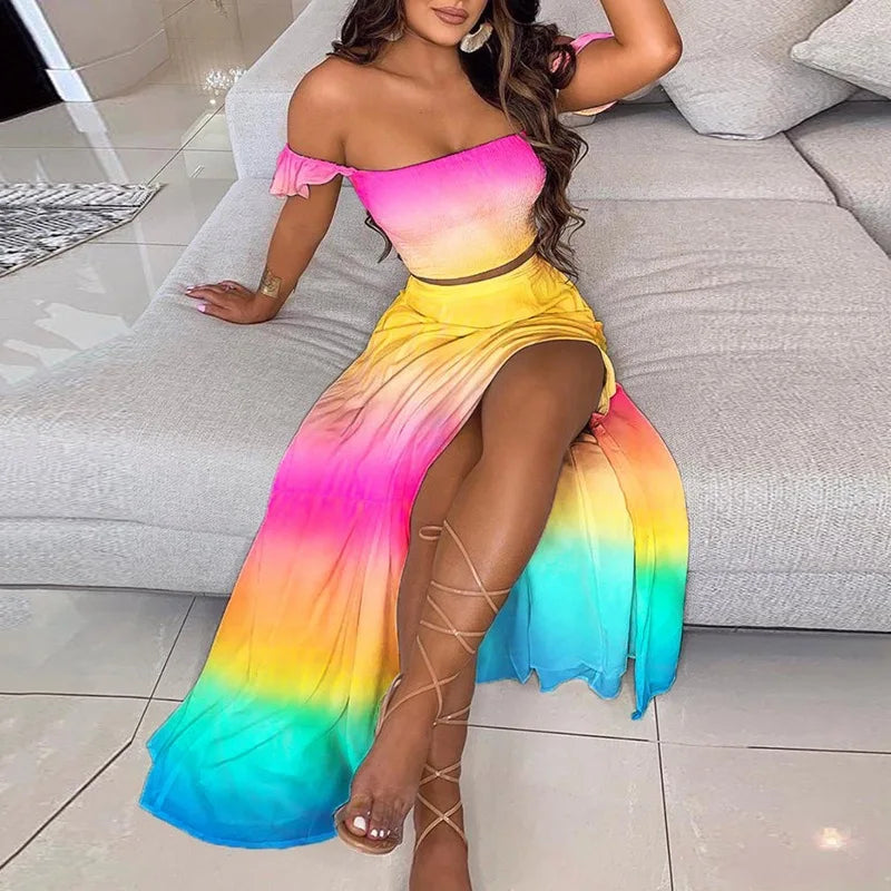 Summer Floral Print Elegant Off Shoulder Split Long Maxi Skirt