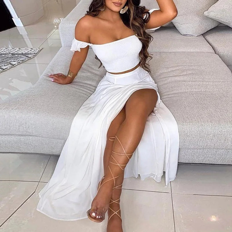 Summer Floral Print Elegant Off Shoulder Split Long Maxi Skirt