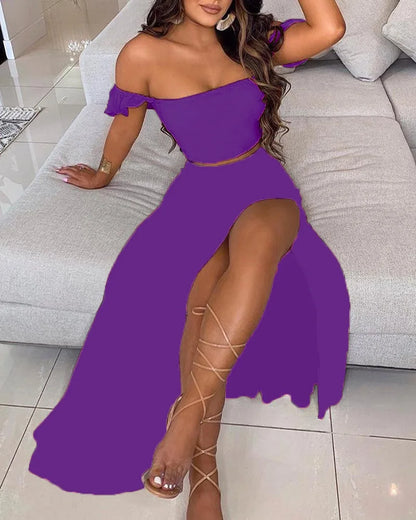 Summer Floral Print Elegant Off Shoulder Split Long Maxi Skirt