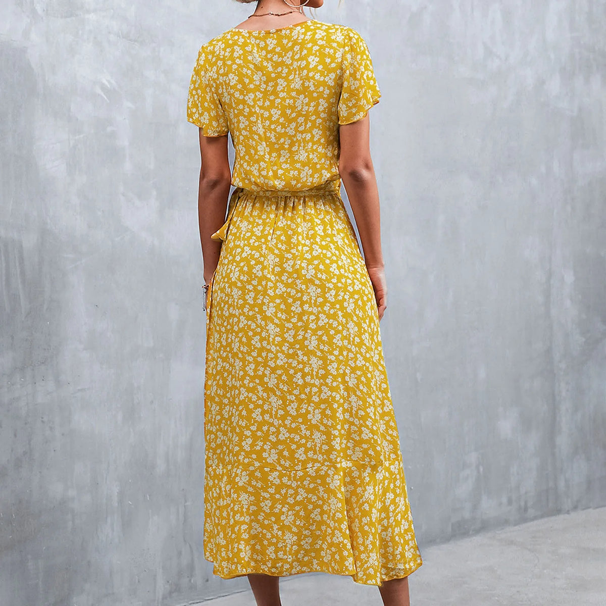 Ditsy Floral Print Wrap Tie Flutter Sleeve Ruffle Hem Midi Dress